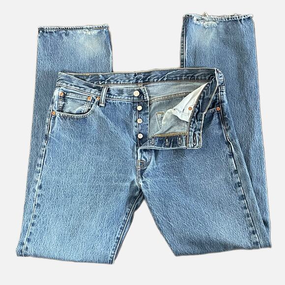 Levi's 501 Button Fly Jeans Mens 36 x 36 Medium Wash Straight Leg Work Worn Hems - Picture 1 of 8